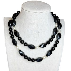 Vintage Black Glass Stone Genuine Pearl Beaded Long Necklace